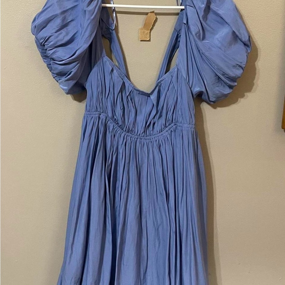 Mustard Seed Blue Puff Sleeve Mini Dress